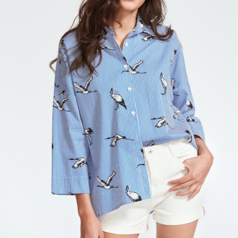 Blue Striped Shirt with Bird Print